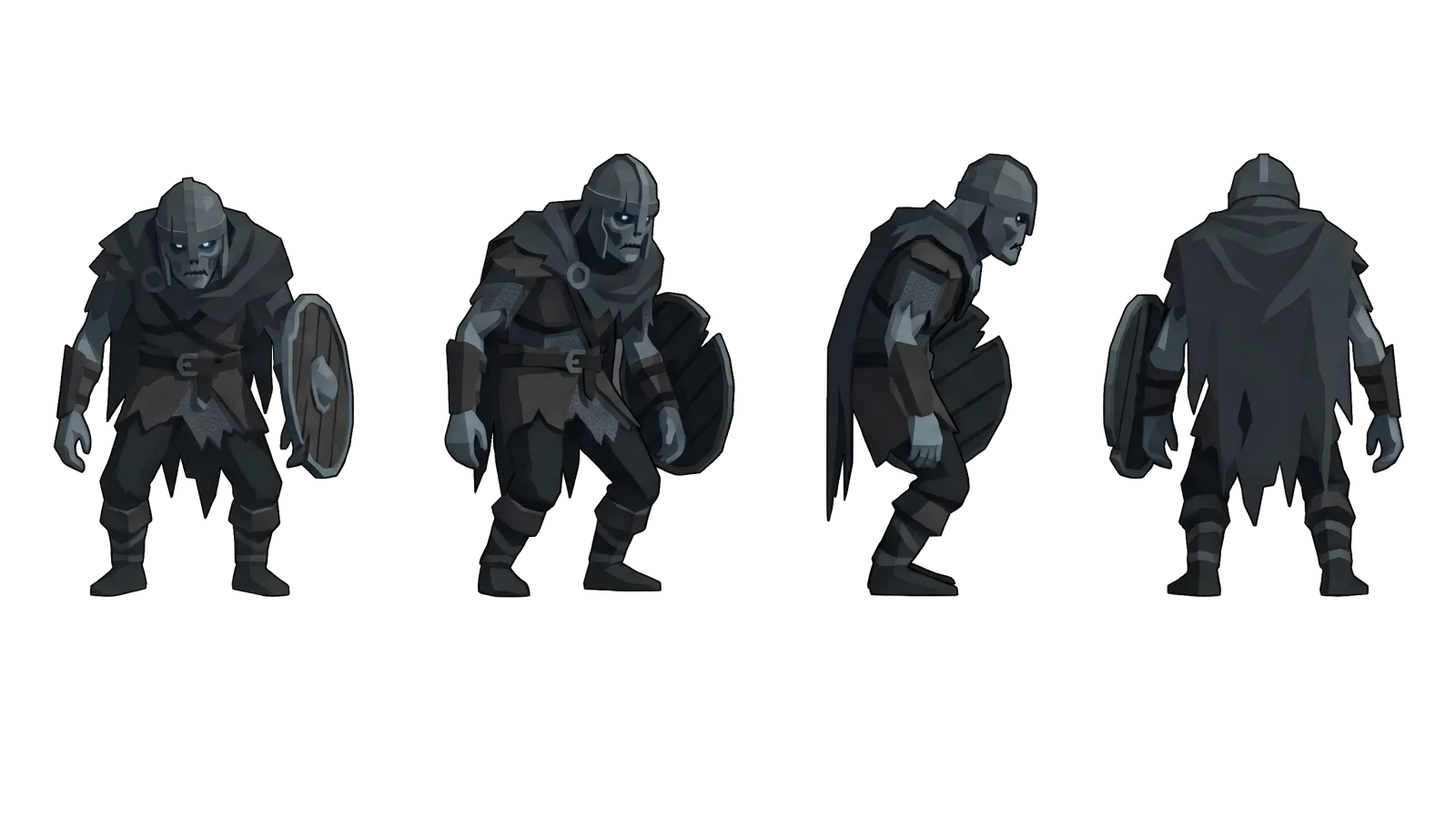 Draugr concept art for HoldStrong — four views of an undead Rimehold defender in dark mail and a torn cloak, carrying a round shield, with pale blue eyes.