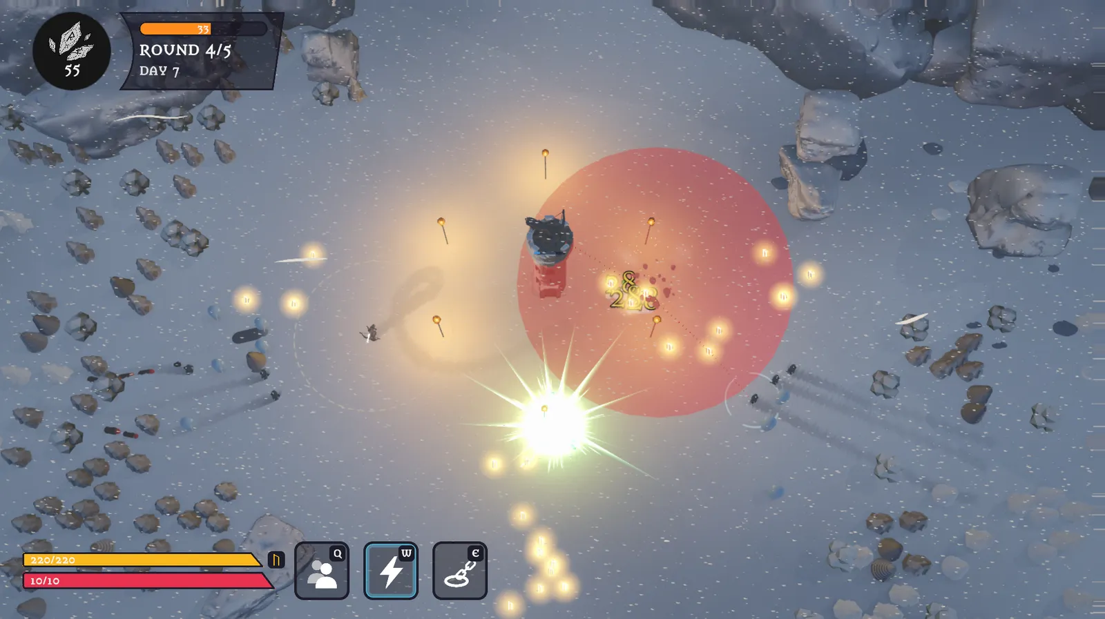 HoldStrong gameplay screenshot from the work-in-progress build, October 2026 — a bright flash and a red area of effect beside the tower while Loki's ability is in play.