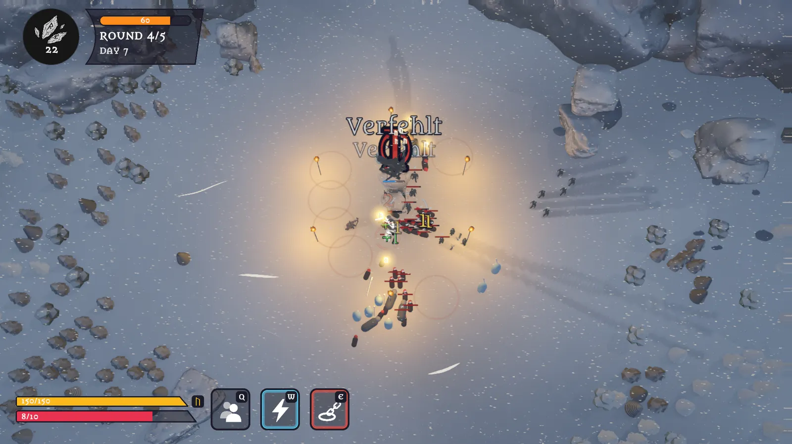 HoldStrong gameplay screenshot from the work-in-progress build, October 2026 — a crowd of enemies pressing in on the tower while Týr’s ability is active, with “missed” callouts floating above the fight.