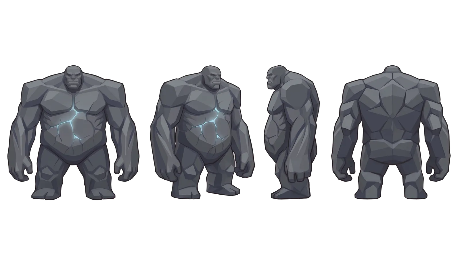 Hrímthurs concept art for HoldStrong — four views of a hulking stone giant with glowing blue cracks across its chest.