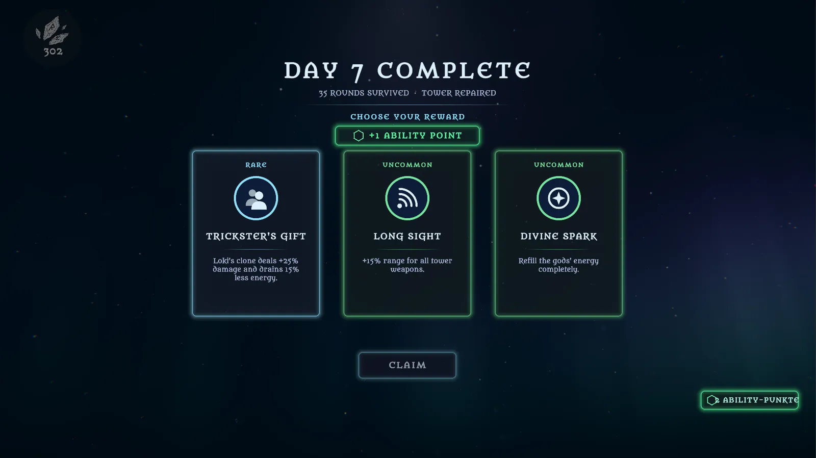 HoldStrong reward screen from the work-in-progress build, October 2026 — “Day 7 complete” above three reward cards: Trickster’s Gift, Long Sight and Divine Spark.