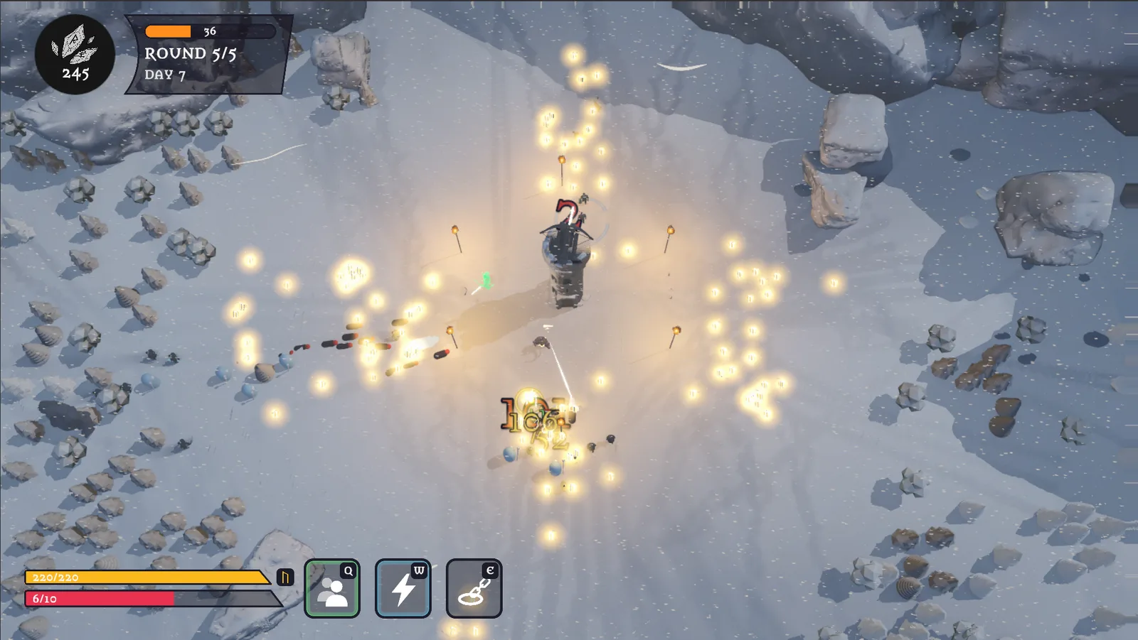 HoldStrong gameplay screenshot from the work-in-progress build, October 2026 — the last round of day 7, the tower surrounded by glowing enemy markers in the snow, with the three god abilities in the bar at the bottom