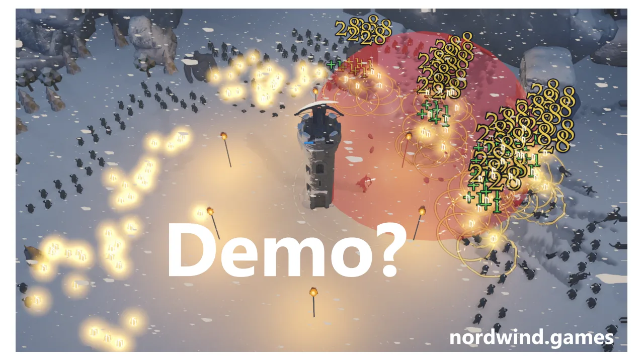 HoldStrong gameplay from the work-in-progress build, October 2026 — the tower in a snowfield, besieged by dark ranks of enemies under a red area of effect and a cloud of damage numbers, with the word “Demo?” across the image