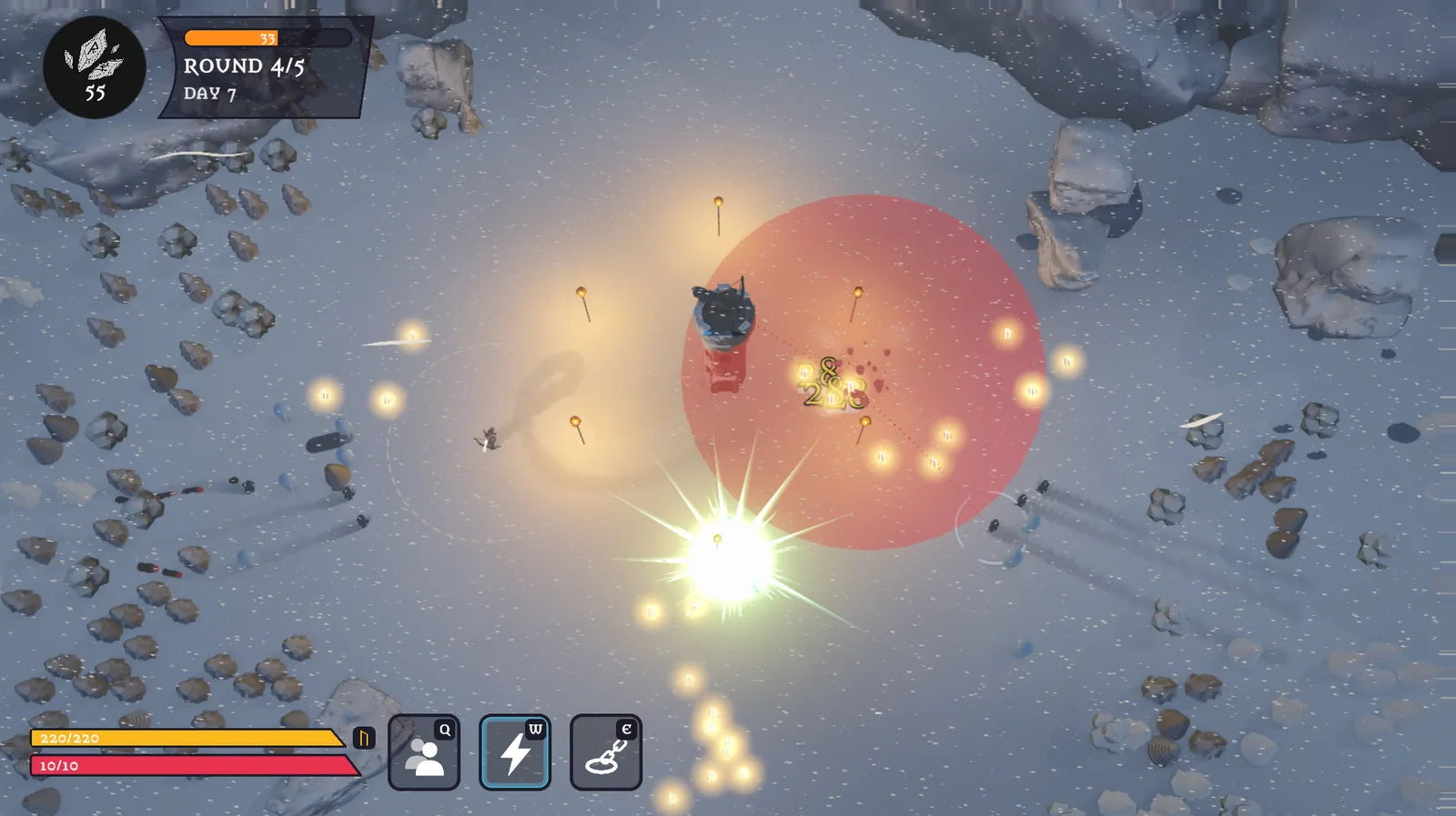 Loki’s ability in the work-in-progress build, October 2026 — a bright flash and a red area of effect beside the tower
