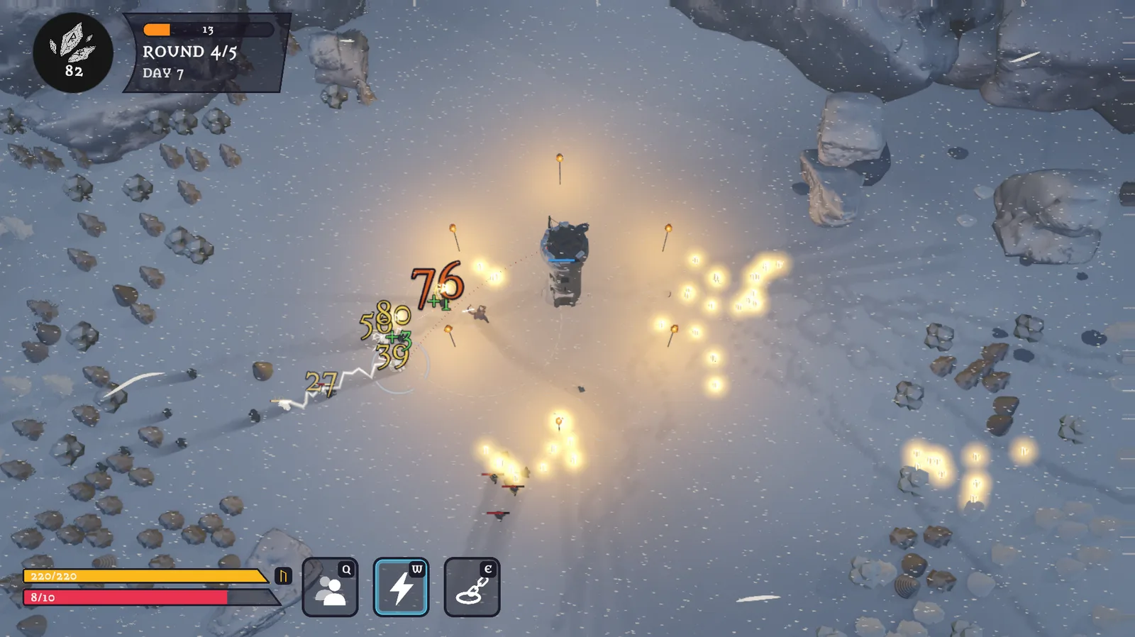 Thor’s chain lightning in the work-in-progress build, October 2026 — a white arc jumping from enemy to enemy beside the tower, with damage numbers above each hit