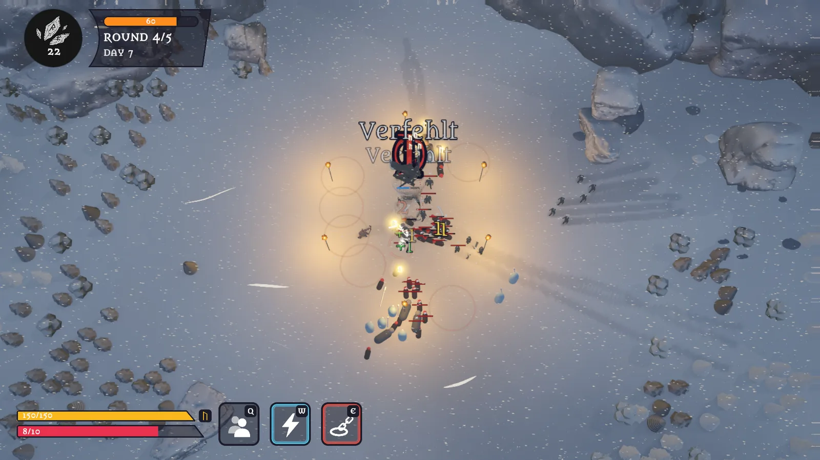 Týr’s ability in the work-in-progress build, October 2026 — enemies crowding the tower while the duel is active, with “missed” callouts floating above the fight