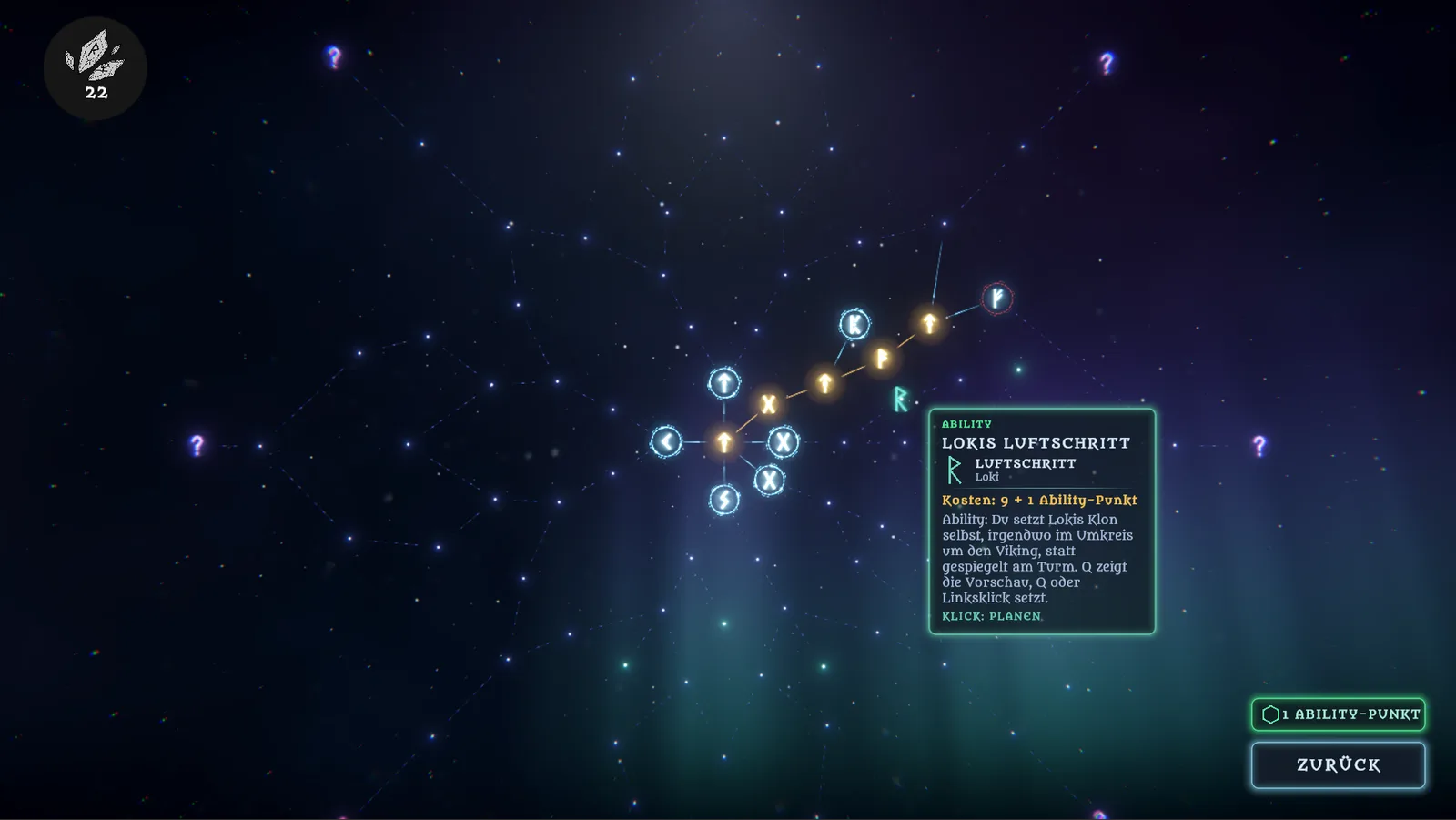 The skill tree in the work-in-progress build of mid-October 2026, before the new look — glowing rune circles joined by thin straight lines in a starry sky, with a dark blue tooltip box