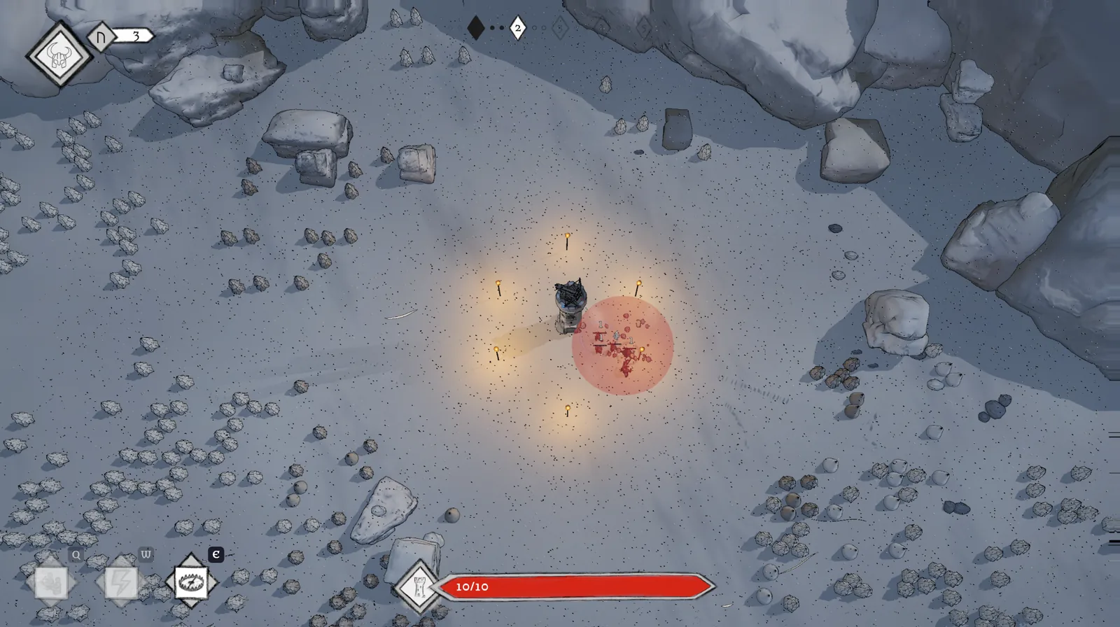 HoldStrong in the work-in-progress build, late October 2026 — the tower of Rimehold from the new, higher camera in the snow, ringed by torches with a red trap zone beside it, rocks and trees with a thin dark outline, and the hand-drawn pencil HUD around the edges of the screen