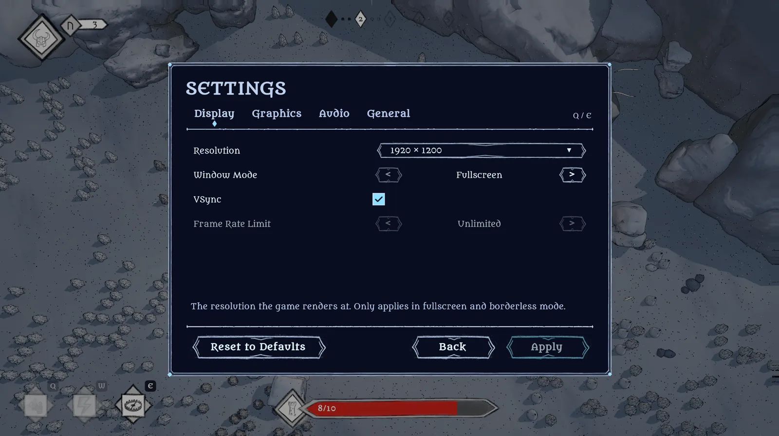 The settings menu in the work-in-progress build, late October 2026 — a drawn frame with corner diamonds on a night-blue background over the game, tabs with a small diamond under the selected one, arrow buttons, and hand-drawn buttons with pointed ends at the bottom