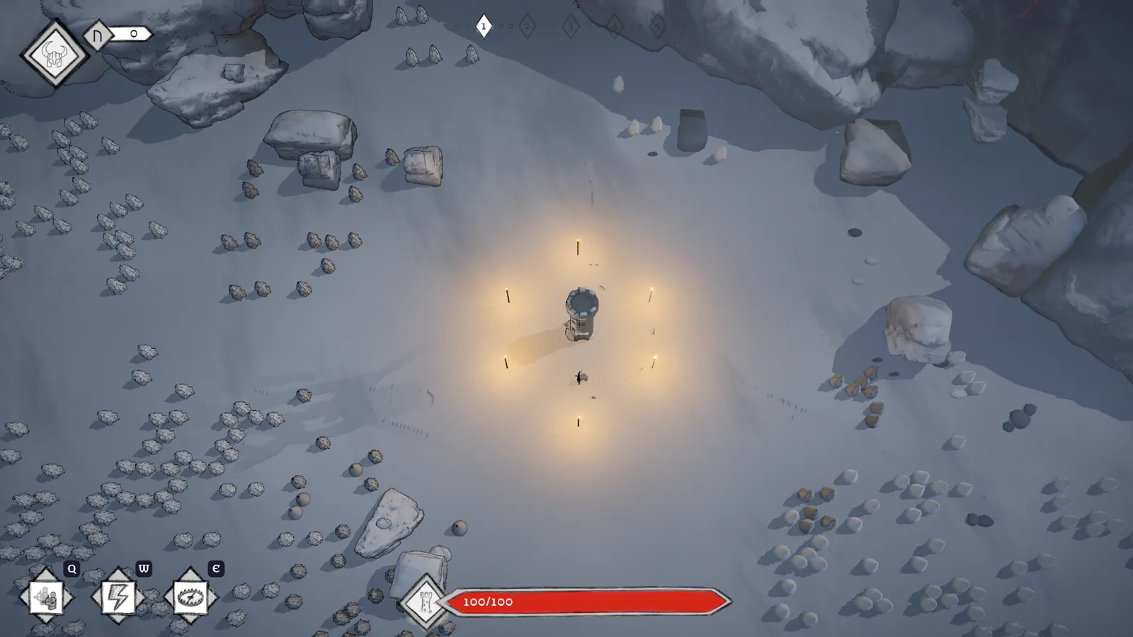 The battlefield in the work-in-progress build, late October 2026, without the toon outline — the tower with its torches in the snow, rocks and trees without an outline