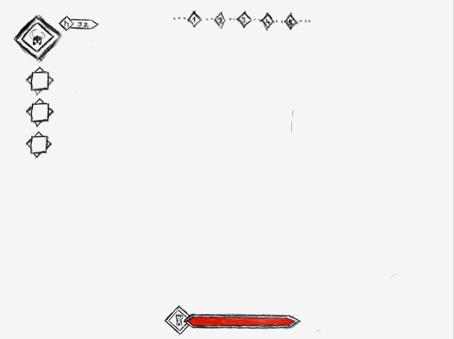 The pencil draft for the new HUD, October 2026 — on white, the Viking portrait in a diamond with the rune currency plaque, three ability slots below it, a round track of five numbered diamonds and dots at the top, and the tower’s red health bar with the tower emblem at the bottom