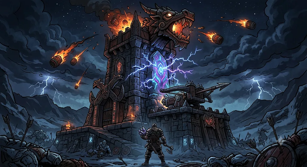 The HoldStrong key art: the outpost Rimehold at night under a lightning storm, a stone tower crowned with a carved wolf head, glowing runes across its walls, axes and a ballista lashed to its sides, and a lone armoured figure standing in front of it among fallen shields