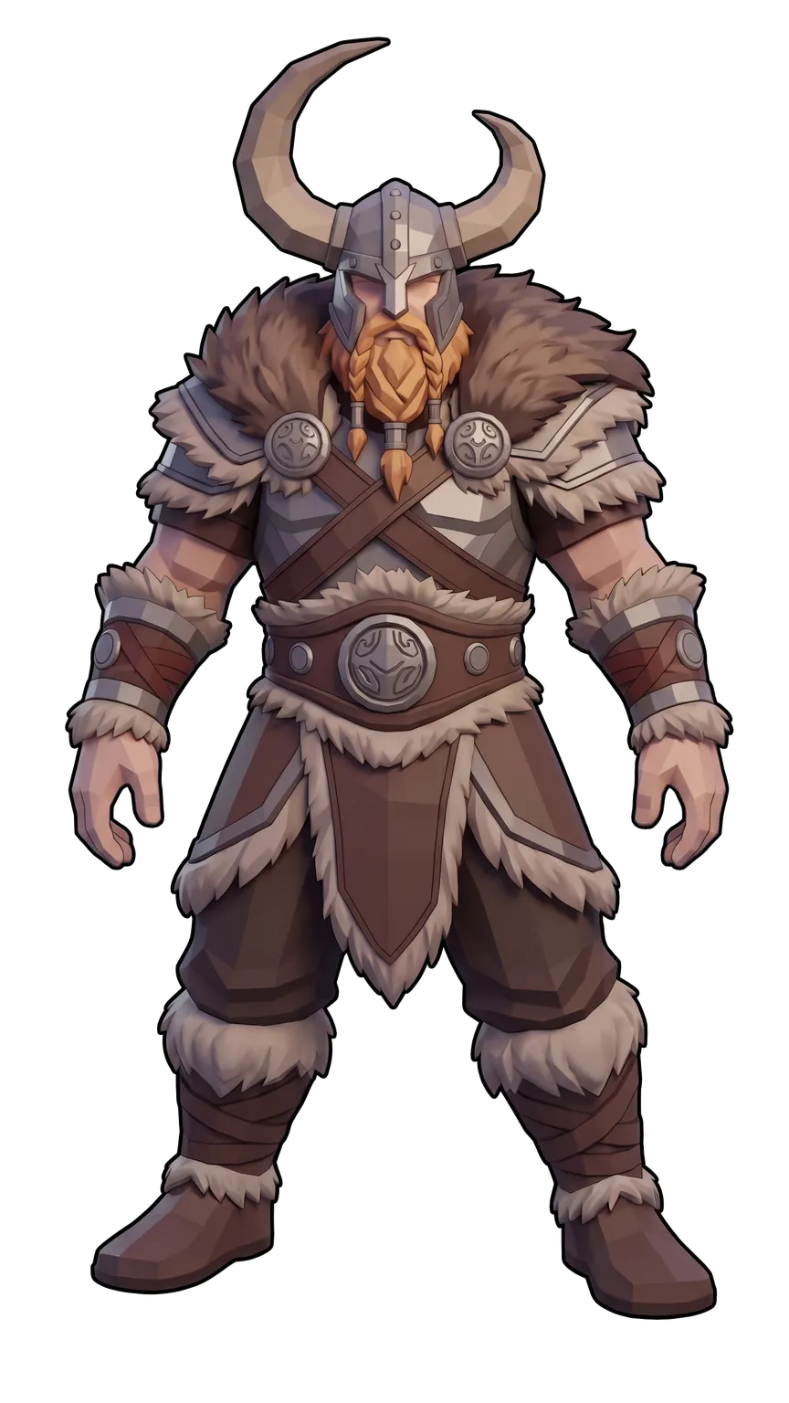 Character concept art for HoldStrong — a full-body view of the nameless Viking defender in a horned helmet, fur mantle and studded leather, with a braided red beard and empty hands