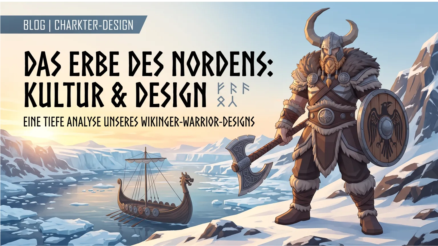 Titelbild des Beitrags — ein Wikingerkrieger mit gehörntem Helm, Fellmantel, Axt und Rundschild steht auf einem verschneiten Hang über einem Fjord, dahinter ein Langschiff im Eis