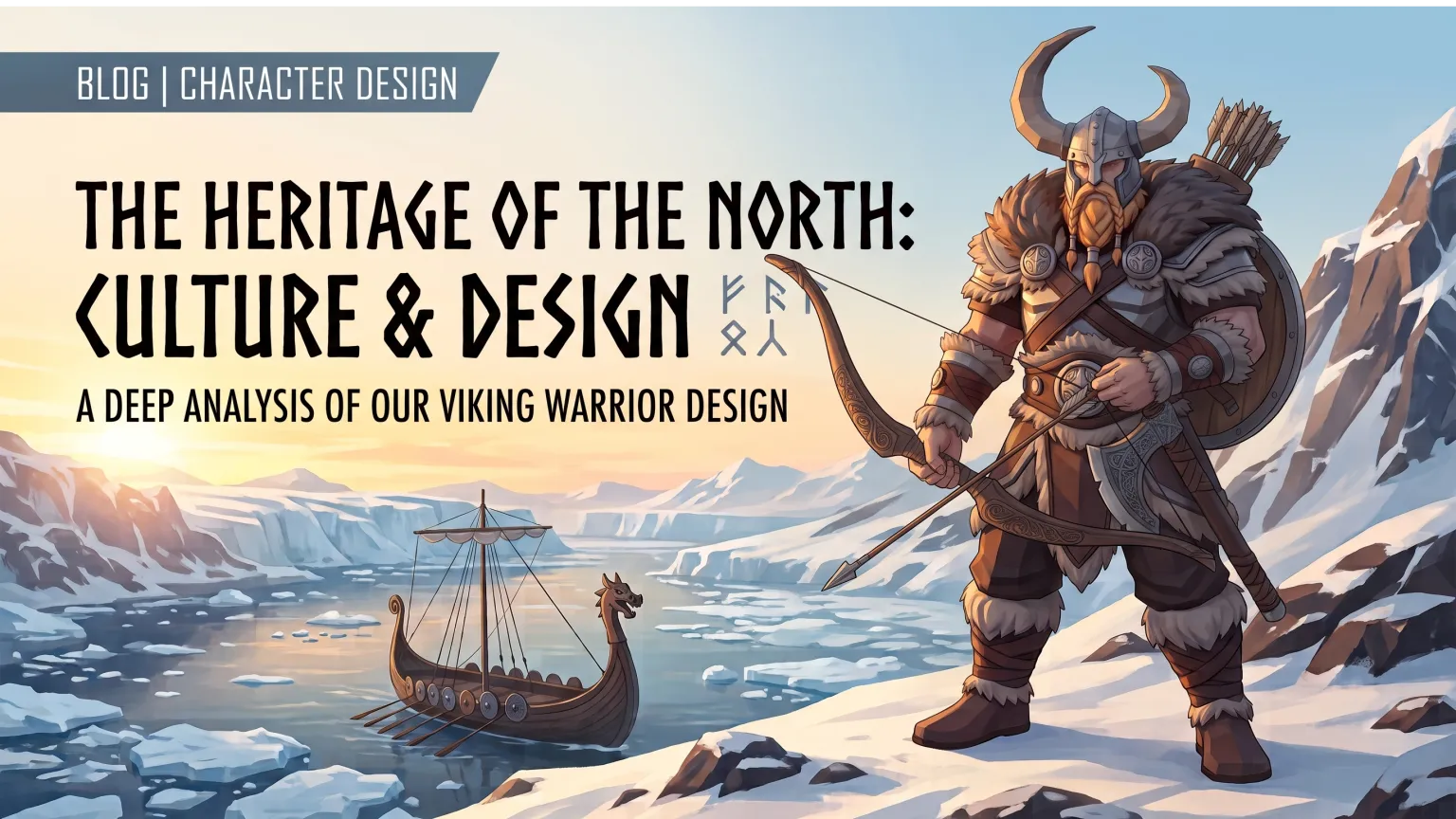Cover image for the article — a Viking warrior in a horned helmet and fur cloak, with a bow drawn, a quiver of arrows and a round shield on his back, standing on a snow-covered slope above a fjord with a longship in the ice behind him
