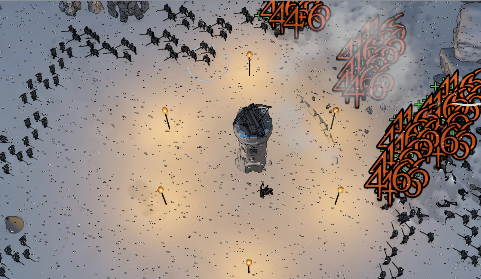 The ballista on top of the tower in the work-in-progress build, late October 2026, seen from above — enemies closing in all around, and orange damage numbers from its hits piling up on the right