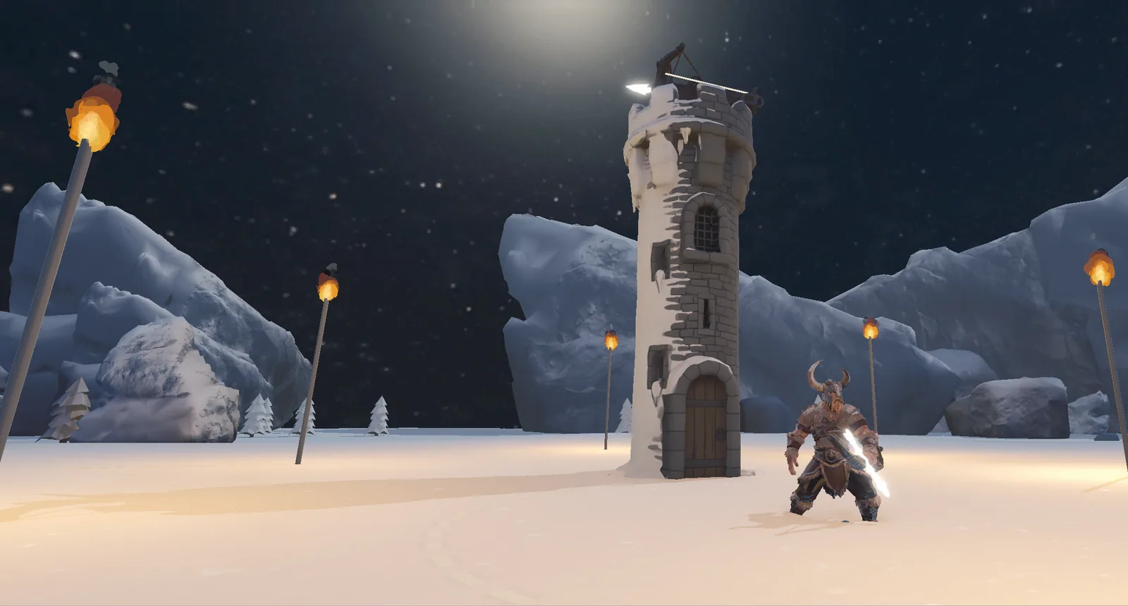 The Einheri as a 3D model in the work-in-progress build, late October 2026 — a Viking in a horned helmet and fur mantle standing with his bow in the snow in front of the tower, the ballista on top of it, torches around and a night sky full of stars