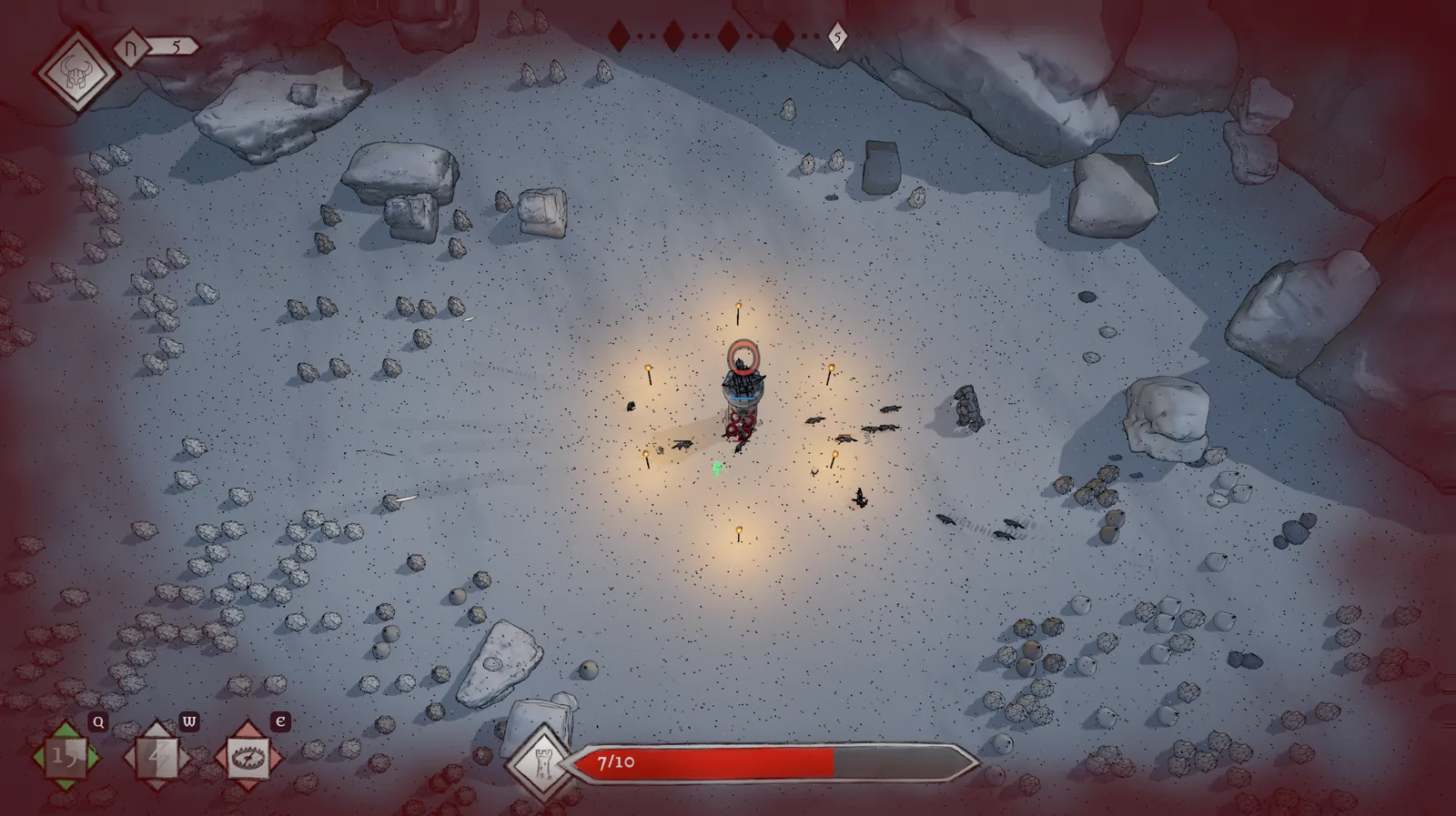 The GamePlay scene of HoldStrong in the work-in-progress build, late October 2026 — the tower of Rimehold from above in the snow, ringed by torches, the Einheri at its foot, enemies closing in from all sides, and the edge of the screen glowing red because the tower is being hit