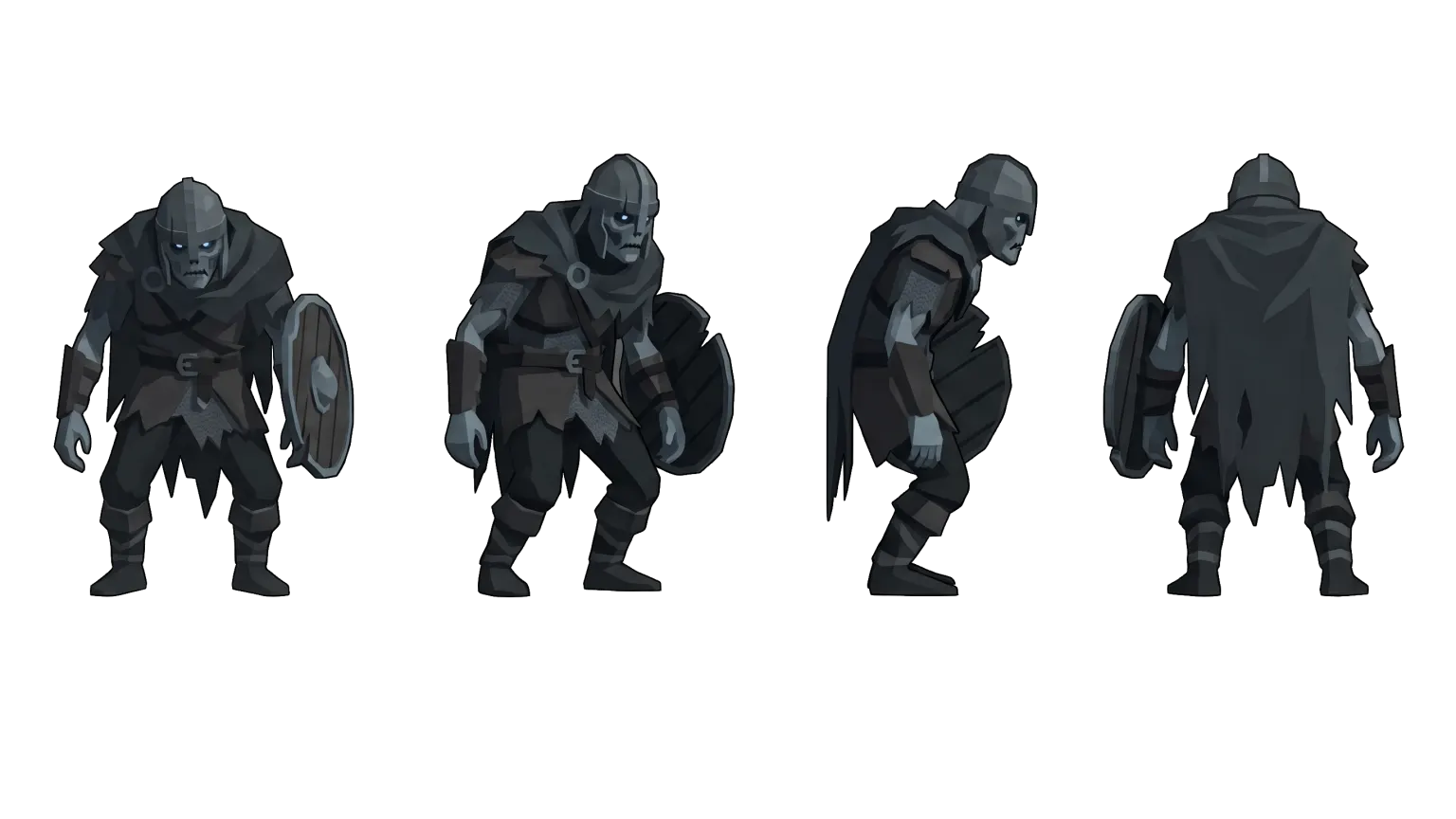 Draugr concept art for HoldStrong — four views of an undead Rimehold defender in dark mail and a torn cloak, carrying a round shield, with pale blue eyes