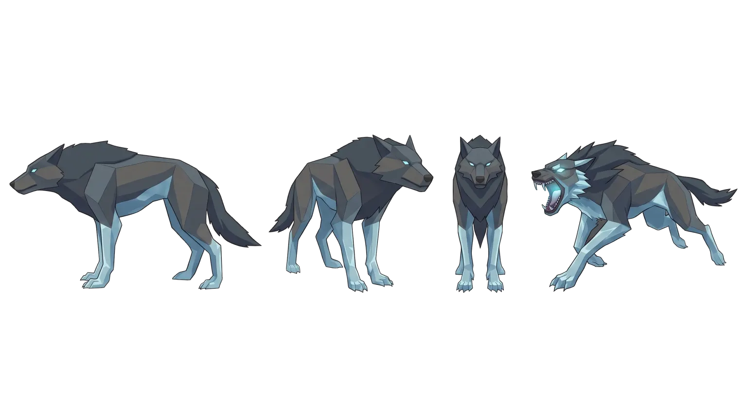 Fenrir brood concept art for HoldStrong — four views of a low-poly grey ice wolf, including a snarling attack pose