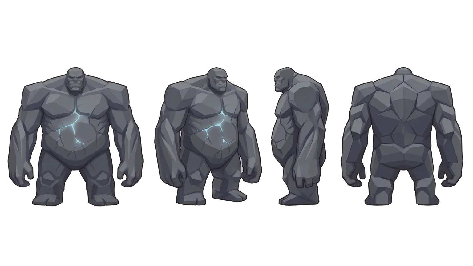 Hrímthurs concept art for HoldStrong — four views of a hulking rime giant of grey stone and ice, with glowing blue cracks running across its chest and shoulders