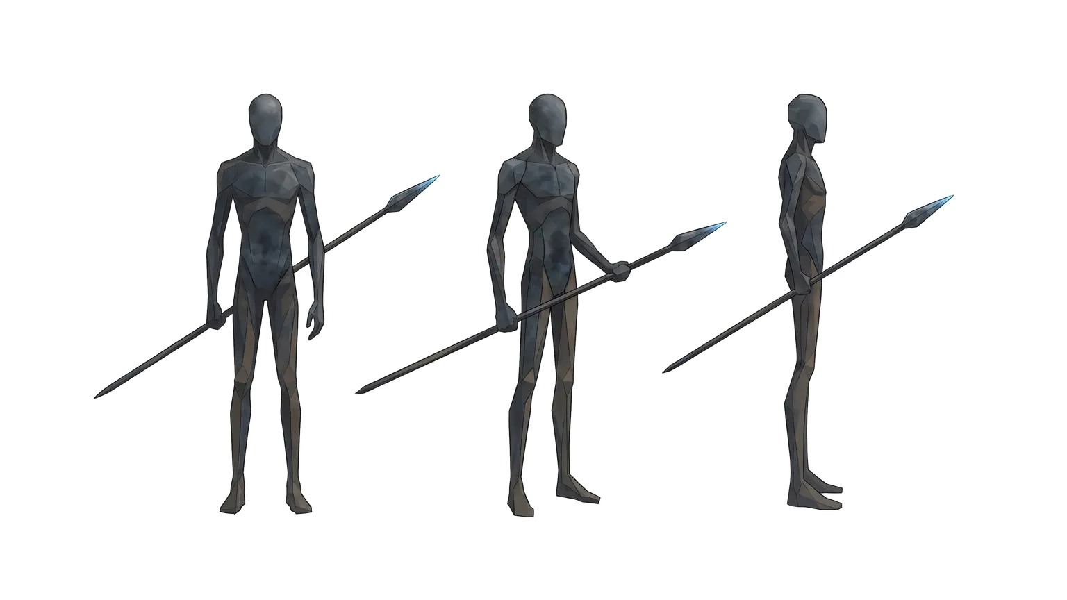 Icespearman concept art for HoldStrong — three views of a gaunt, faceless figure of pale ice, holding a long spear